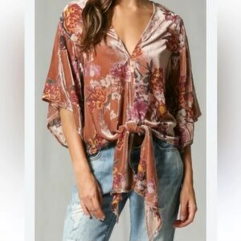 By Together Floral Front Tie Top Women's S Black Cream Cottagecore Retro 90s Y2K - Picture 2 of 9